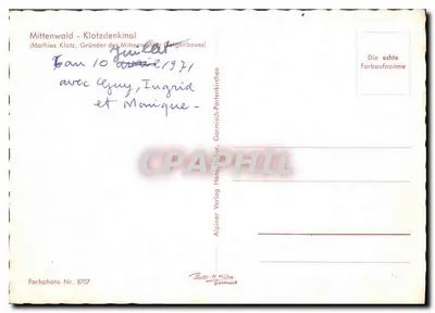 Mittenwald - Pomnik Klotza — Mathias Klotz, założyciel menniczej budownictwa strunowego w Mittenwald — Alpiner Verlag Hans Huber, Garnisich-Portenkirchen — Rewers