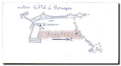 Hotel Keizershof em Bruges — carta publicitária com mapa manuscrito — Verso