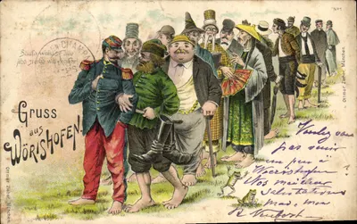 Gruss aus Wörishofen — Karikatur von Figuren in verschiedenen Kleidungen — Ottmar Zieher, München, N°1