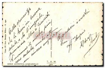 Kwiat pionii — seria artystyczna akwarela — wydawca Vinto Uff. Rev. Stampa Milano - N. 1401 — Rewers