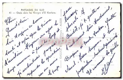 Oaza w Gorge El Kantara — krajobrazy południa — wydawca Gallice & Cie, Alger, nr 41 — Rewers