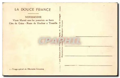 Velho Manoir sob as pereiras em flor — Côte de Grâce - Estrada de Honfleur a Trouville — Éditions d'Art YVON, Paris — Verso