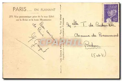Paryż — Widok panoramiczny z wieży Eiffla na Seinie i wzniesieniu Montmartre — Les Éditions d'Art Marial, n°275 — Rewers