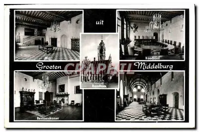 Interior do Raadhuis de Middelburg — vista da Hal, Raadzaal, Bestuurskamer e Burgerzaal — editor F. H. van der Meer