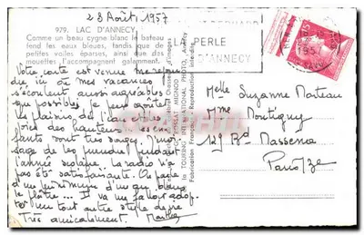 Jezioro Annecy — widok na jezioro z łodzią i zasnieżonymi górami — La Perle d'Annecy, wydawca — Rewers