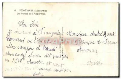 A Virgem da Aparição — Pontmain (Mayenne) — editor A. Jeanne, Pontmain — Verso