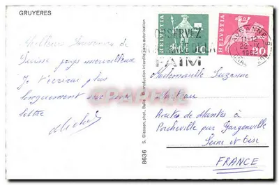 Gruyères — vista panorâmica, trem, praça e ruas — editor S. Glasson, n° 8636 — Verso