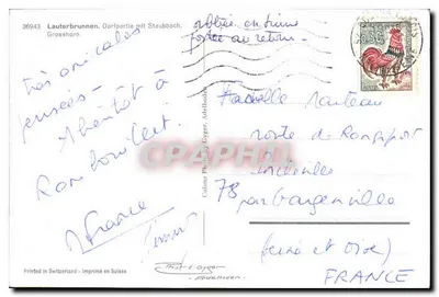 Lauterbrunnen — widok wsi z zamkiem i wodospadem — wydawca Color Print Cygner, n° 36943 — Rewers