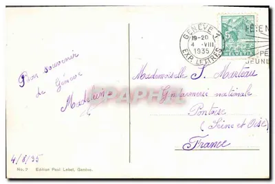 Genebra. Ponte dos Bergues e Ilha J.J. Rousseau — Edição Paul Lebet, n°7 — Verso