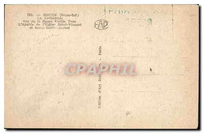 Rouen (Seine-Inf.) — widok katedry, absydy kościoła Świętego Wincentego i wież Świętego Laurenta — Wydawnictwo Art BellFrance, Paryż — Rewers