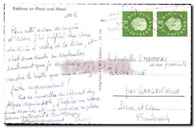 Koblenz no Reno e na Mosela — 'Wo die Berge tragen Reben und die Reben goldnen Wein' — Verlag Lauer & Söhne, Número 112 — Verso