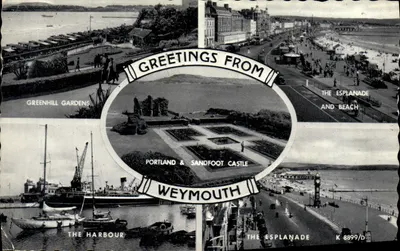 Bilhete postal antigo Greenhill gardens The Esplanade and Beach Portland and Sandfoot castle The Harbour the Esplanade