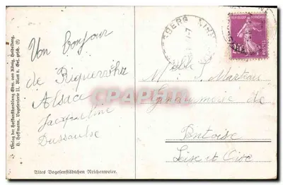 Wsienna Alsacyjanka — piękny widok z winnikiem i kościołem — H. Hoffmann, seria 'Altes Vogesenstädtchen Reichentweier' — Rewers