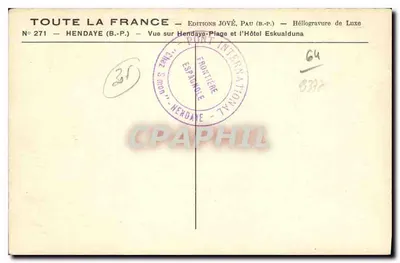 Hendaye-Plage i Hotel Eskualduna — Wydawnictwo Jové, Pau — N° 271 — Rewers