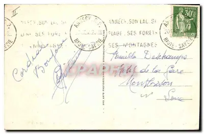 Chamonix-Mont-Blanc — Ogólny widok — Teleferyk i Brévent — Wydawca: Des Arts Photographiques, nr 413 — Rewers