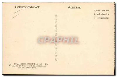 Chamonix-Mont-Blanc — Wioska i lodowce Bossons i Tacconnaz — wydawca Lévê et Nudolus Révis, 11 rue Leclerc, Paryż — Rewers