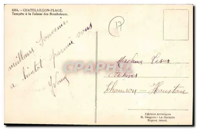 Châtelailly-Plage — Tempestade na falaise dos Boucholeurs — Edições Art. Bergevin, La Rochelle, n° 5334 — Verso