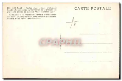 Les Baux — Restos de um templo protestante — Janela Renascentista com inscrição « Post Tenebras Lux » — Verso