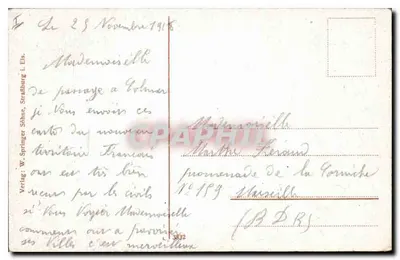 Colmar i. Els. Widok z lotu — kolorowy widok wsi z kościołem i dachami z cegły — wydawca W. Springer Söhne, Straßburg — Rewers