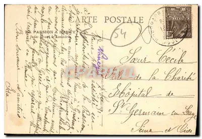 Bilhete postal antigo A paixão em Nancy Judas diante do Sinedrio — Verso
