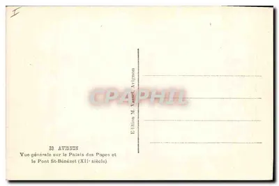 Awinion — Ogólny widok na Pałac Papieski i Most Świętego Benezjusza (XII wiek) — Wydawnictwo M. Vassé, Awinion — Rewers