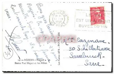 Statua Paula Riquet i aleje — Hérault — wydawca APA, nr 12 — Rewers