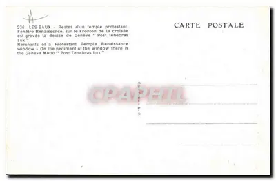 Les Baux - Resti di un tempio protestante — Finestra Rinascimentale con motto di Ginevra « Post Tenebras Lux » — Verso