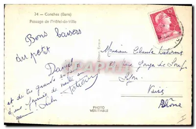 Bilhete postal moderno Conches (Eure) Passagem do Hotel de Ville — Verso