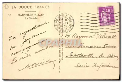 Widok Corniche w Marsylii — Les Éditions d'Art YVON, seria 52 — Rewers