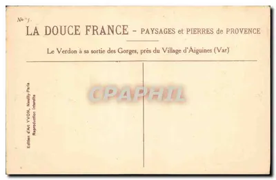 Le Verdon przy wylocie z Gorges, blisko wsi Aiguines (Var) — La Douce France — krajobrazy i kamienie Prowenckie — Wydawnictwo Art YVON, Neaullly-Paris — Rewers