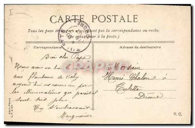 Vichy. o salão do Casino — interior decorado com uma grande palmeira — editor L.V. & Cie, n°22 — Verso