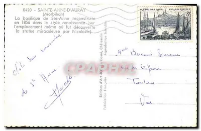 Sainte-Anne-d'Auray — Bazylika zbudowana w 1856 — Wydawnictwo Sztuki Jollet, Cléauleulin — Rewers