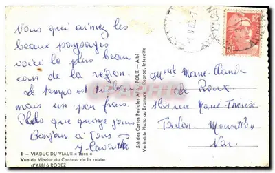 Viaduto do Tarn em Rodez — Visão do viaduto ao longo da estrada — Sté das Cartas Postais A. POUX, Interdita — Verso