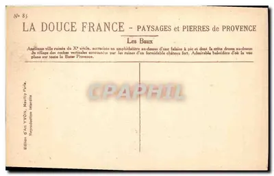 Les Baux-de-Provence — ruínas de um castelo em falésia — Edição d'Art YVON, Neuilly-Paris, n°85 — Verso