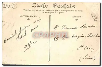 Bilhete postal antigo As Alpes Mancelles St Ceneri o Gerei (Orne) A Igreja e o Ponte — Verso