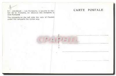 Les Baux - Os Muros — vista dos muros e do Vale da Fonte, editor não identificado, n° 211 — Verso