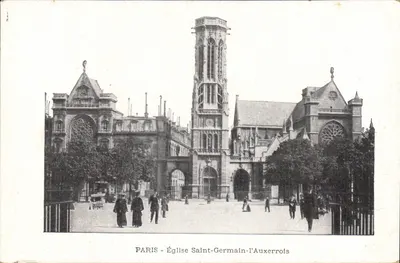 Paris - Igreja de Saint-Germain-l'Auxerrois — vista do edifício com seu campanário e rosáceas, impresso pela Sociedade Parisiense de Cartas Postais