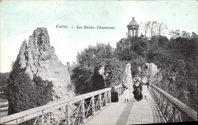 Paris - Les Buttes-Chaumont — ponte metálica e rochedos — editor desconhecido