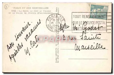 París y sus maravillas — La Sena, el Puente del Cambio y el Palacio de Justicia (Conciergerie) — André Leconte, n°1045 — Reverso