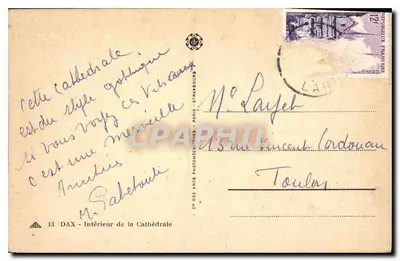 Wnętrze katedry — Dax — Wydawca: Ch. des Arts, Paryż - Strasbourg — Rewers