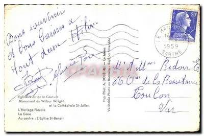 Lembrança do Mans — Igreja N.D. da Couture, Monumento de Wilbur Wright, Relógio Floral, Catedral de São Julião, Igreja de São Benedito — Imp. Fot. A. DOLBET — O Mans — Verso