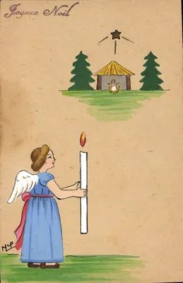 Anjo com vela — cena de Natal — desenho assinado por M.Y.P.