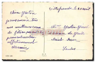 Cachoeira e flores — Feliz Aniversário — M. D. Paris, série 600 — Verso