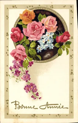 Buquê de rosas e flores — Boa Ano — Carta postal de Natal