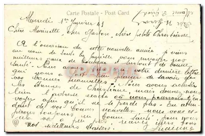 Duas rosas — vermelha e branca — com inscrição 'Bonne Année' — Carta Postal — Verso