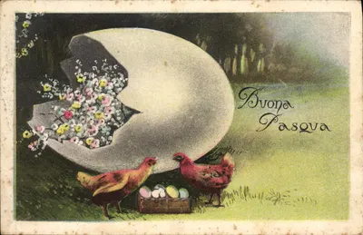 Páscoa — ovo gigante estourado com flores e galinhas — editor A.D.T.