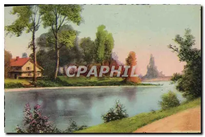Vista de paisagem com casa à beira de um lago — editor desconhecido, número de série não visível