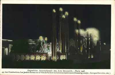 Iluminações. Os Jardins Florais da Cidade de Paris e as Colunas Luminosas — Exposição Internacional de Artes Decorativas, Paris 1925 — Georges Chevalier, decorador