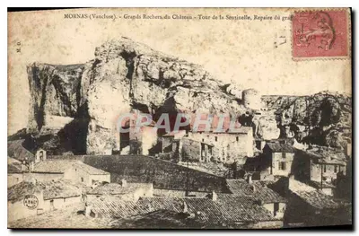 Bilhete postal antigo Mornas Vaucluse grandes Rochos do castelo torre da Scentinelle Repaire do