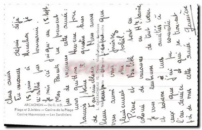 Arcachon — Praia, Casino da Praia, Les Sardiniers, e vista do porto — editor não identificado — Verso